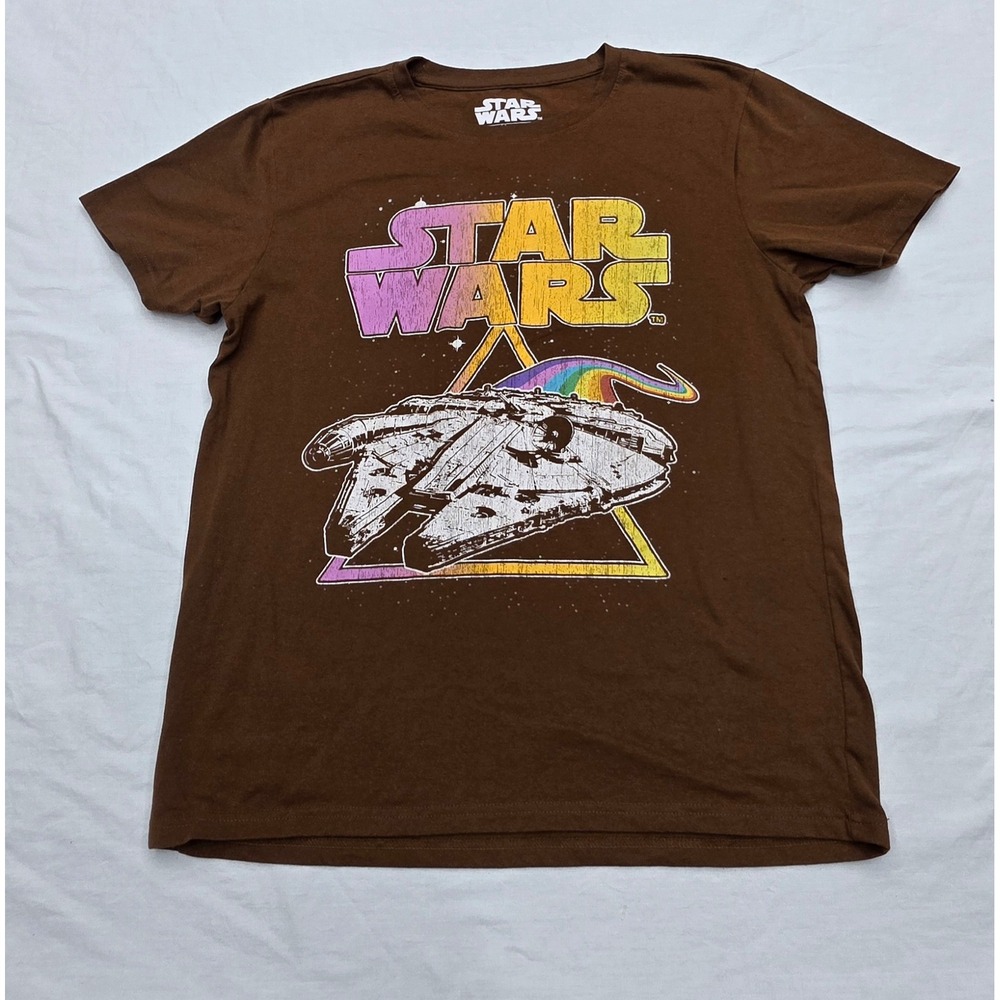 Star Wars Millennium Falcon Rainbow Graphic T-Shirt Brown Men's L Retro Sci-Fi